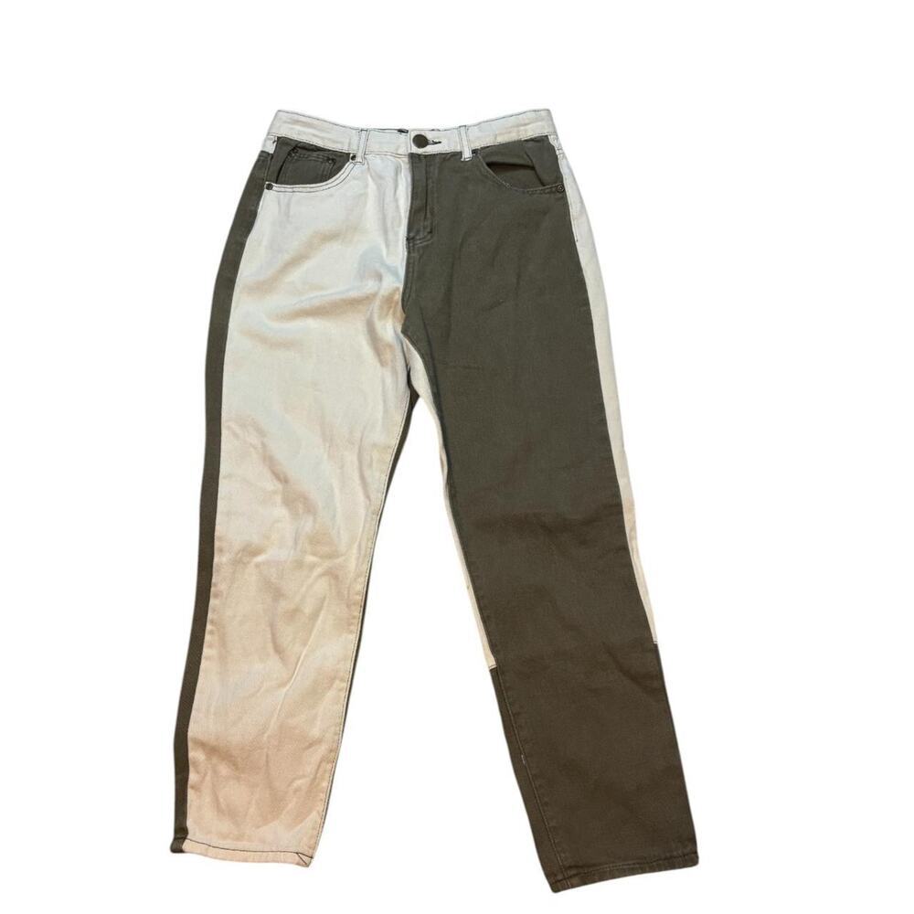 Two-Tone High-Waisted Straight-Leg Jeans in Olive Green and Beige